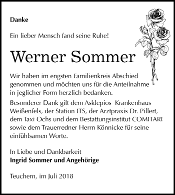 Traueranzeige von Werner Sommer von Mitteldeutsche Zeitung Weißenfels