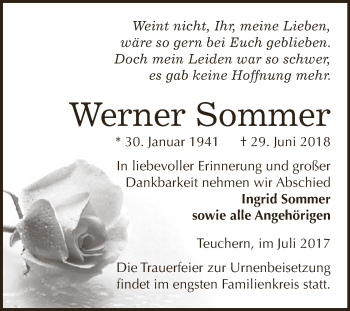 Traueranzeige von Werner Sommer von WVG - Wochenspiegel NMB / WSF / ZTZ