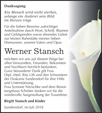 Traueranzeige von Werner Stansch von WVG - Wochenspiegel Bitterfeld