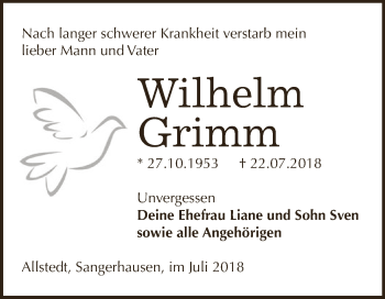 Traueranzeige von Wilhelm Grimm von Super Sonntag SGH Mansf. Land