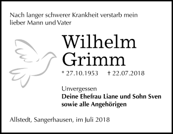 Traueranzeige von Wilhelm Grimm von Mitteldeutsche Zeitung