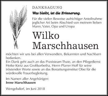 Traueranzeige von Wilko Marschhausen von Super Sonntag Merseburg