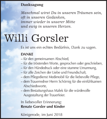 Traueranzeige von Willi Gorsler von Mitteldeutsche Zeitung