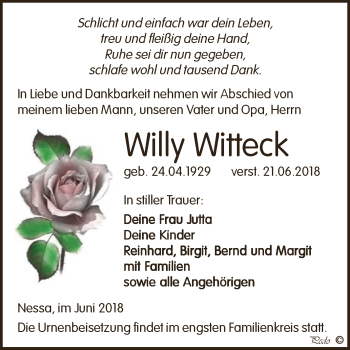 Traueranzeige von Willy Witteck von WVG - Wochenspiegel NMB / WSF / ZTZ