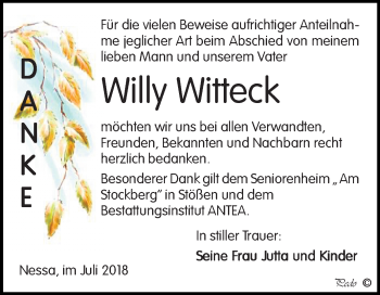 Traueranzeige von Willy Witteck von Mitteldeutsche Zeitung Weißenfels
