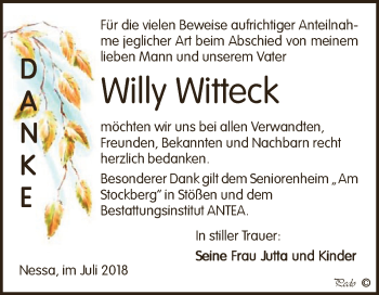 Traueranzeige von Willy Witteck von WVG - Wochenspiegel NMB / WSF / ZTZ