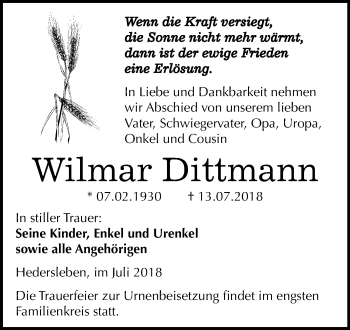 Traueranzeige von Wilmar Dittmann von Mitteldeutsche Zeitung