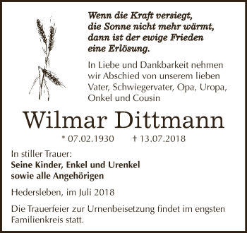 Traueranzeige von Wilmar Dittmann von Super Sonntag SGH Mansf. Land