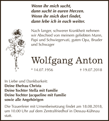 Traueranzeige von Wolfgang Anton von WVG - Wochenspiegel Dessau / Köthen