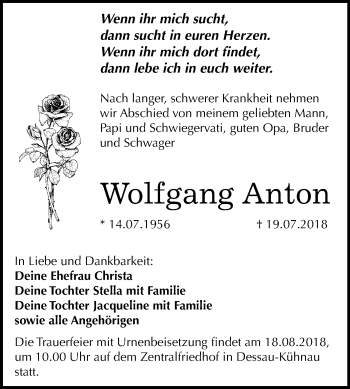 Traueranzeige von Wolfgang Anton von Mitteldeutsche Zeitung Dessau-Roßlau