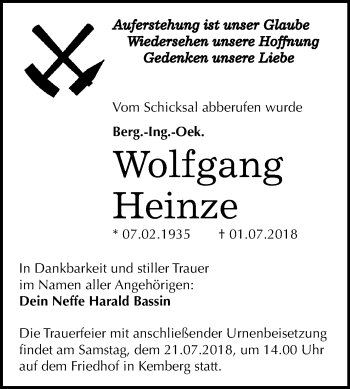 Traueranzeige von Wolfgang Heinze von Mitteldeutsche Zeitung