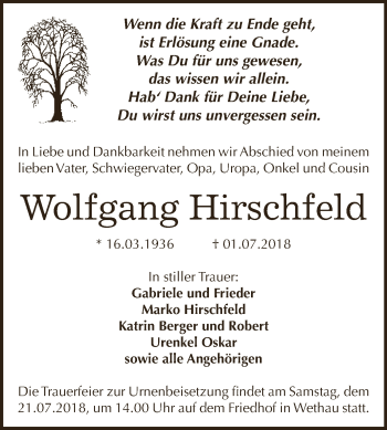 Traueranzeige von Wolfgang Hirschfeld von WVG - Wochenspiegel NMB / WSF / ZTZ