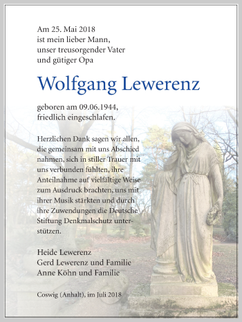 Traueranzeige von Wolfgang Lewerenz von Super Sonntag Wittenberg