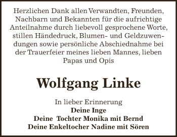 Traueranzeige von Wolfgang Linke von WVG - Wochenspiegel Dessau / Köthen
