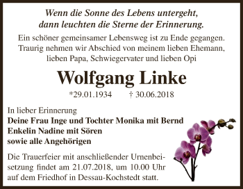 Traueranzeige von Wolfgang Linke von WVG - Wochenspiegel Dessau / Köthen