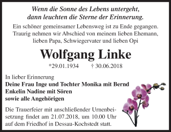 Traueranzeige von Wolfgang Linke von Mitteldeutsche Zeitung Dessau-Roßlau