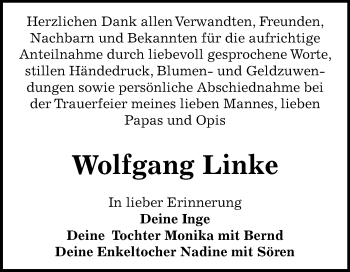 Traueranzeige von Wolfgang Linke von Mitteldeutsche Zeitung Dessau-Roßlau