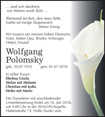 Traueranzeige von Wolfgang Polomsky von Mitteldeutsche Zeitung Halle/Saalkreis