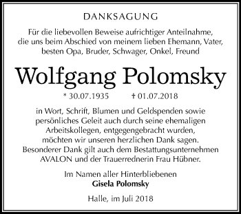 Traueranzeige von Wolfgang Polomsky von Mitteldeutsche Zeitung Halle/Saalkreis