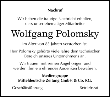Traueranzeige von Wolfgang Polomsky von Mitteldeutsche Zeitung Halle/Saalkreis