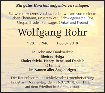 Traueranzeige von Wolfgang Rohr von Mitteldeutsche Zeitung Bernburg