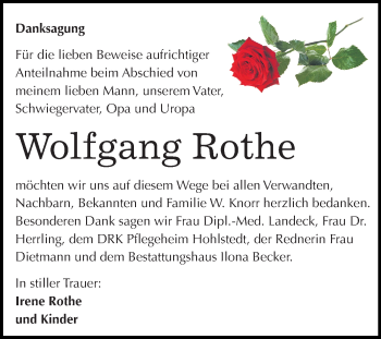 Traueranzeige von Wolfgang Rothe von Mitteldeutsche Zeitung Sangerhausen