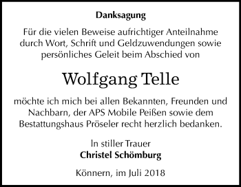 Traueranzeige von Wolfgang Telle von Mitteldeutsche Zeitung Bernburg