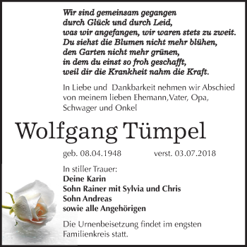 Traueranzeige von Wolfgang Tümpel von Mitteldeutsche Zeitung Weißenfels