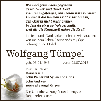 Traueranzeige von Wolfgang Tümpel von WVG - Wochenspiegel NMB / WSF / ZTZ