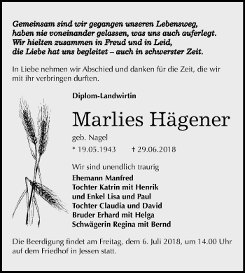 Traueranzeige von Marlies Hägener von Mitteldeutsche Zeitung