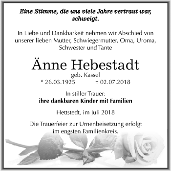 Traueranzeige von Änne Hebestadt von Mitteldeutsche Zeitung