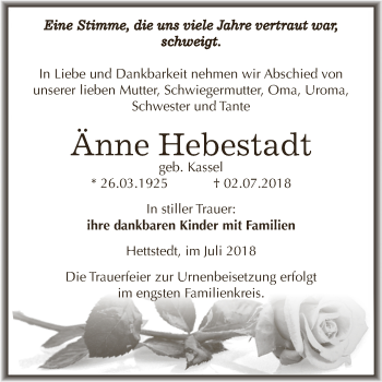 Traueranzeige von Änne Hebestadt von Wochenspiegel Mansfelder Land