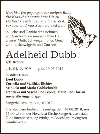 Traueranzeige von Adelheid Dubb von Super Sonntag SGH Mansf. Land