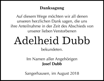 Traueranzeige von Adelheid Dubb von Mitteldeutsche Zeitung