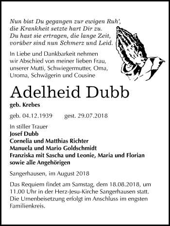 Traueranzeige von Adelheid Dubb von Mitteldeutsche Zeitung Sangerhausen