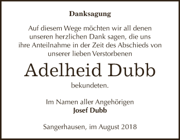 Traueranzeige von Adelheid Dubb von Super Sonntag SGH Mansf. Land