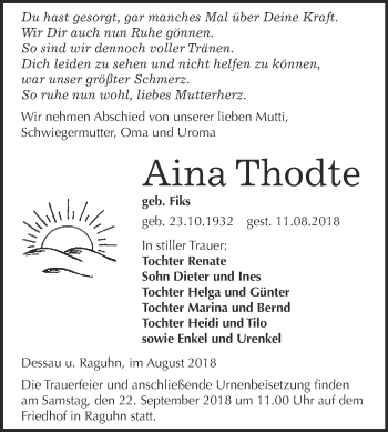 Traueranzeige von Aina Thodte von WVG - Wochenspiegel Bitterfeld