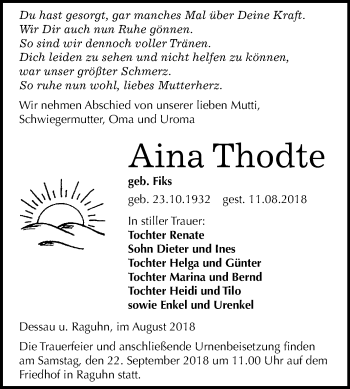 Traueranzeige von Aina Thodte von Mitteldeutsche Zeitung Bitterfeld