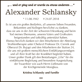Traueranzeige von Alexander Schlansky von WVG - Wochenspiegel Dessau / Köthen