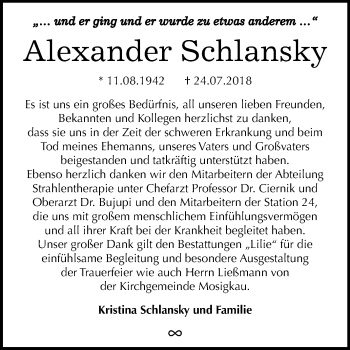 Traueranzeige von Alexander Schlansky von Mitteldeutsche Zeitung Dessau-Roßlau