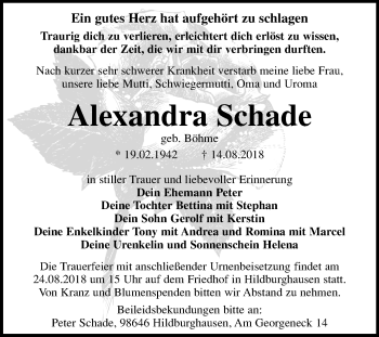 Traueranzeige von Alexandra Schade von Mitteldeutsche Zeitung Bitterfeld
