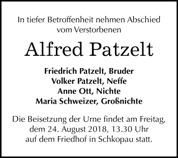 Traueranzeige von Alfred Patzelt von Mitteldeutsche Zeitung Merseburg/Querfurt