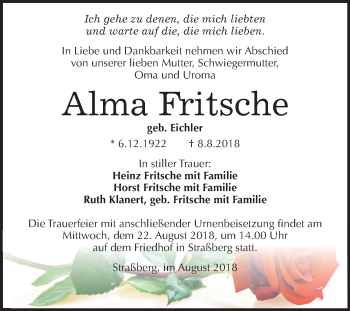 Traueranzeige von Alma Fritsche von Mitteldeutsche Zeitung