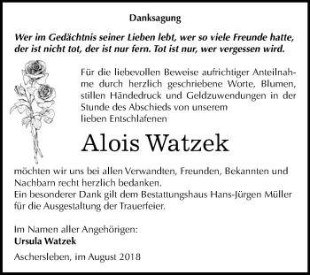 Traueranzeige von Alois Watzek von Mitteldeutsche Zeitung Aschersleben