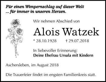 Traueranzeige von Alois Watzek von Mitteldeutsche Zeitung Aschersleben