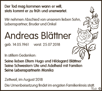 Traueranzeige von Andreas Blättner von Super Sonntag Zeitz