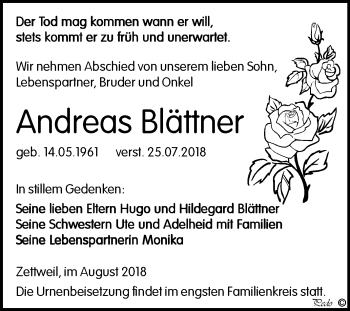 Traueranzeige von Andreas Blättner von Mitteldeutsche Zeitung Zeitz