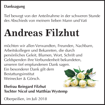 Traueranzeige von Andreas Filzhut von Mitteldeutsche Zeitung Bernburg