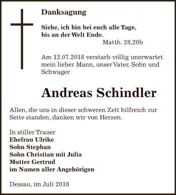 Traueranzeige von Andreas Schindler von Super Sonntag Bernburg