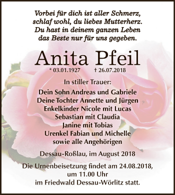 Traueranzeige von Anita Pfeil von WVG - Wochenspiegel Dessau / Köthen
